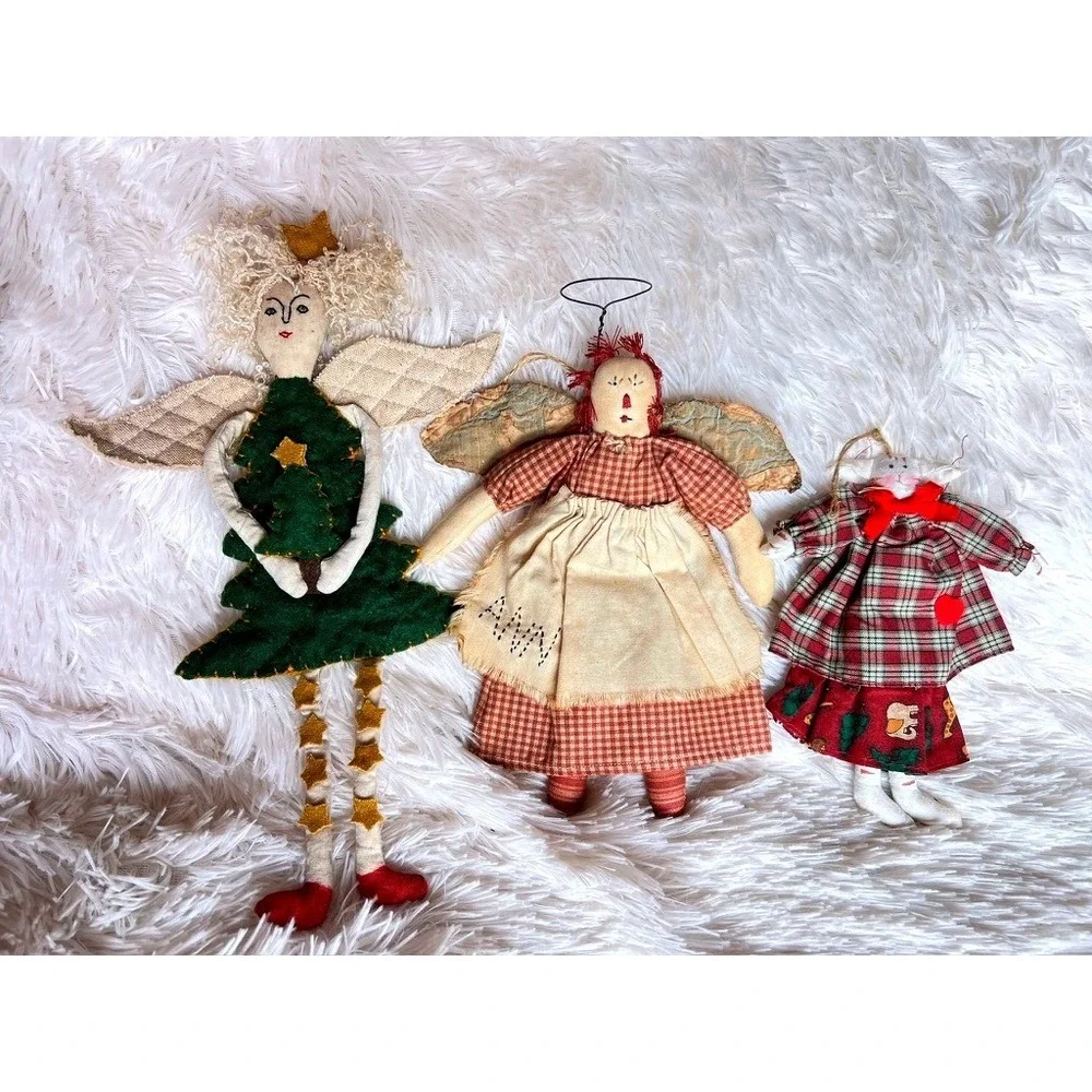 3 Rustic Primitive Christmas Tree Ornaments Angels Bunny Whimsical Folk Art